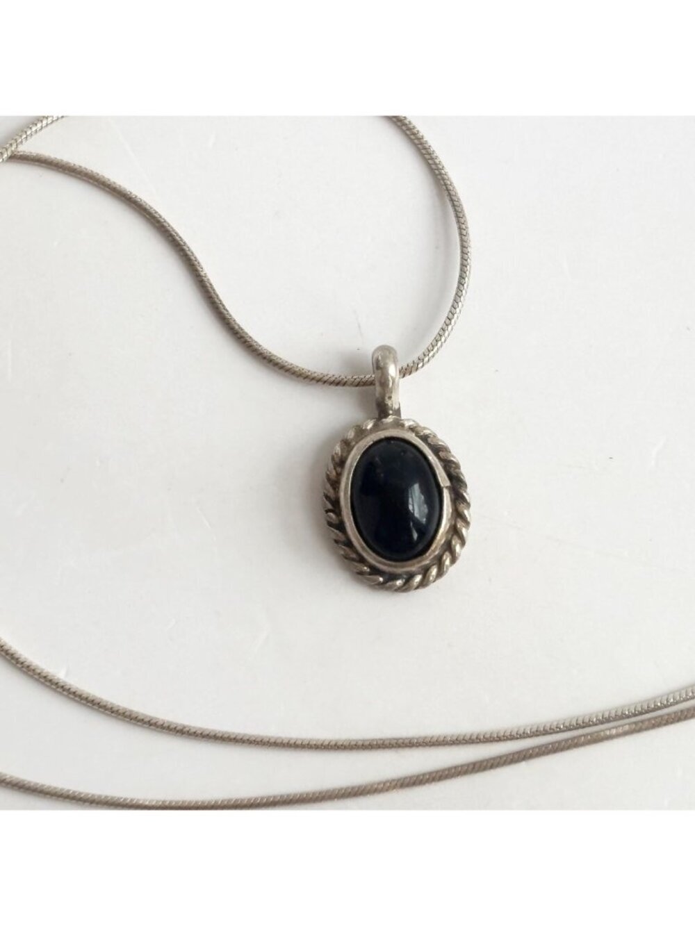 Art Deco Black Onyx Rope Sterling Silver 925 Oval Vintage Pendant Necklace - 16" - Picture 3 of 16